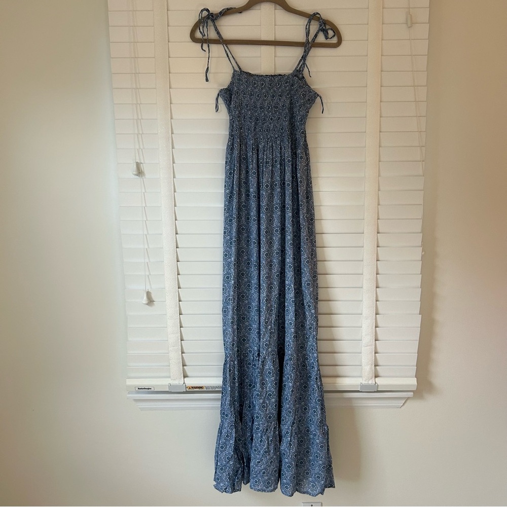 Aqua Maxi Dress Small Blue Batik Pattern Ruched Smocked Sleeveless Coast Small